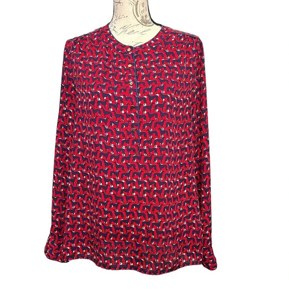 Banana Republic Dog Print Popover Blouse Size Medium Roll Tab Sleeve - Picture 1 of 10